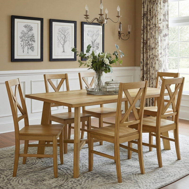 Oaklyn Modern Rectangular Dining Table Set, 7 Pieces: Table, 6 Chairs, Light Yellow Wood