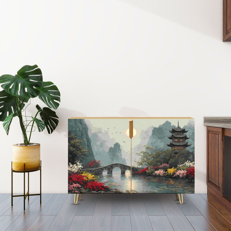 Buffet Buffet avec rangement Pagode asiatique traditionnelle paysage pierre pont coloré fleurs brumeuses avec 2 portes pour le salon et la cuisine