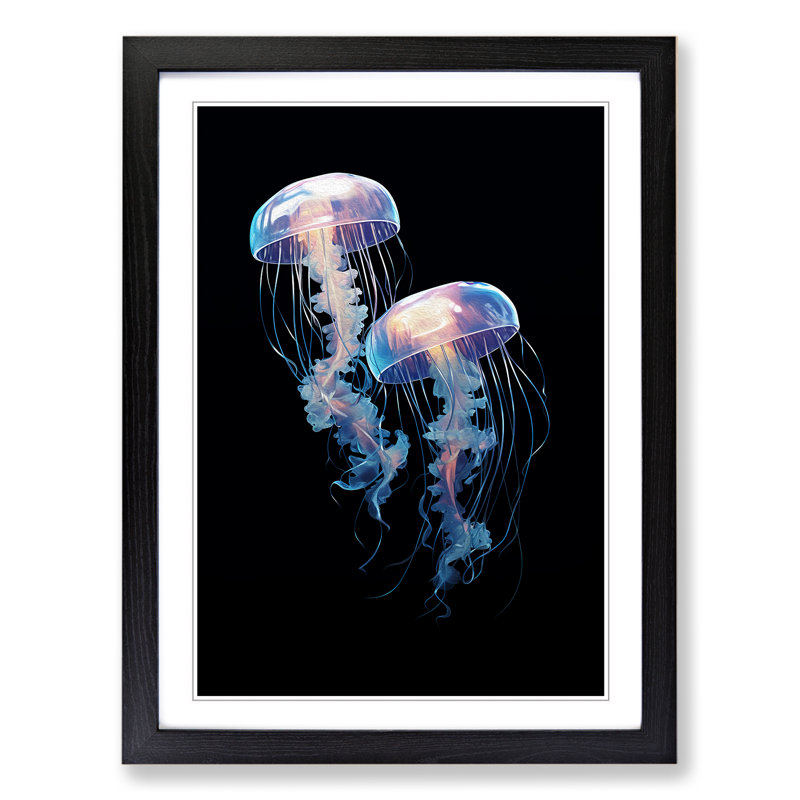 Jellyfish Minimalism - Single Picture Frame Print on Wood, Black Framed, 34cm H x 25cm W x 2cm D