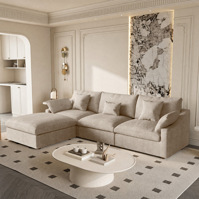 Slipcovered Upholstered Modular Sofa With Ottoman, 29.53" H x 119.29" W x 77.95" D, Khaki