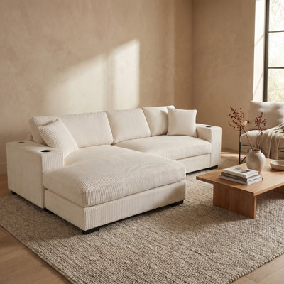 Mirelle Corduroy Upholstered Sectional Sofa with Chaise, Cup Holders & USB Charging Ports