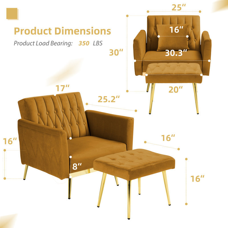 Siemon Velvet Accent Chair with Ottoman, Ginger Velvet