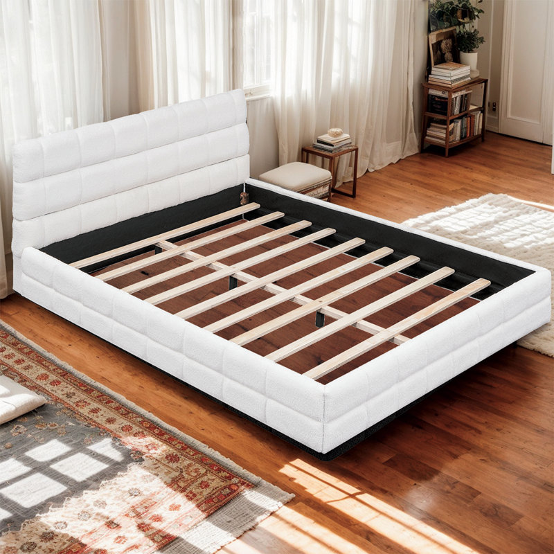 Élégant grand lit tapissier avec tête de lit rembourrée de mousse - aucun sommier nécessaire, Blanc
