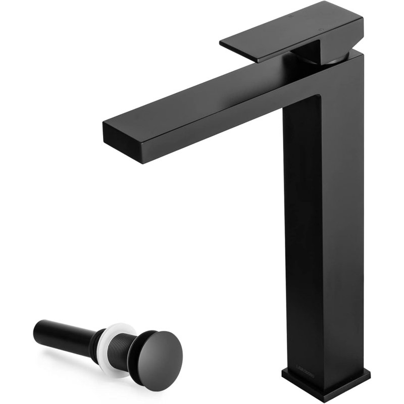 Matte Black Vessel Sink Faucet, Tall Single Handle Bathroom Faucet Single Hole Bowl Sink Faucet Lavatory Vanity Faucet With Pop Up Drain Assembly, BF307-MB-T