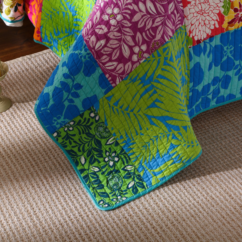 Traditional Cotton Patchwork Quilt, California King, Green/Blue/Yellow