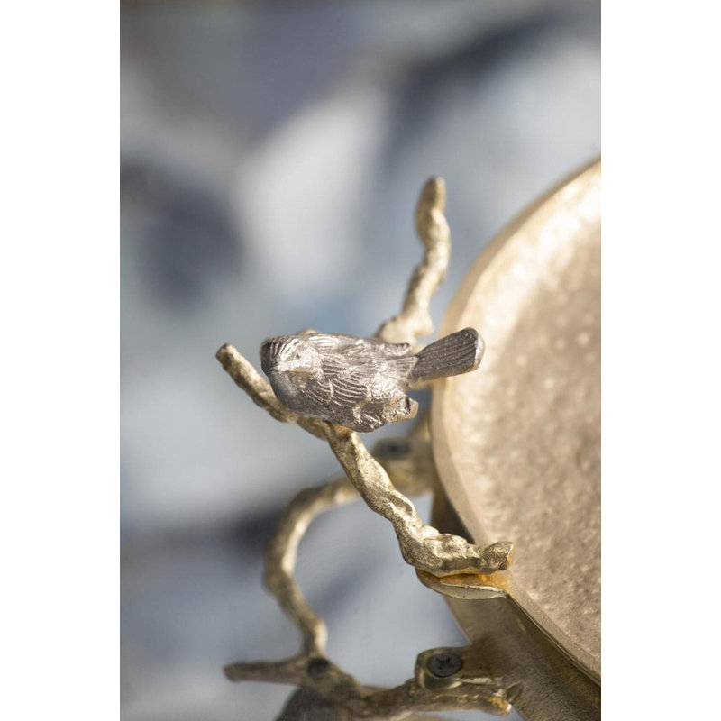 Plateau décoratif en aluminium doré de 21 po avec poignées d'oiseaux argentées, plateau décoratif inspiré de la nature pour le service, l'organisation ou la pièce maîtresse 