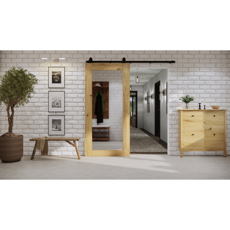 Wyalusing Oak Wood Sliding Barn Door Mirror, 90cm W x 210cm H, Natural Oil