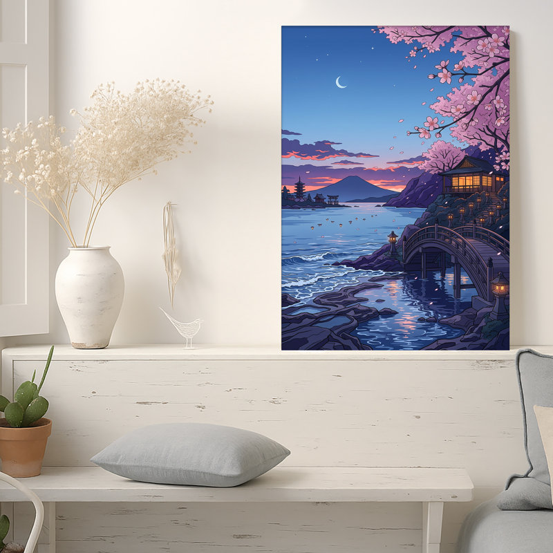 Art mural sur toile en forme de cerisier rose sur un pont en bois et une montagne, H 36 po x l 24 po