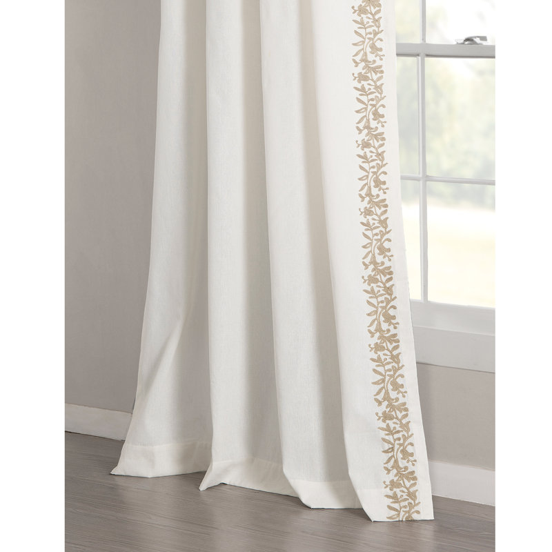 Neutral Linen Embroidery Border Cotton Blend Window Curtain Panel 52"W x 84"L