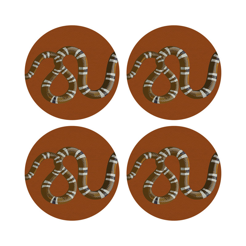 Serpent Blue Vegan Leather Round Coasters, Burnt Orange
