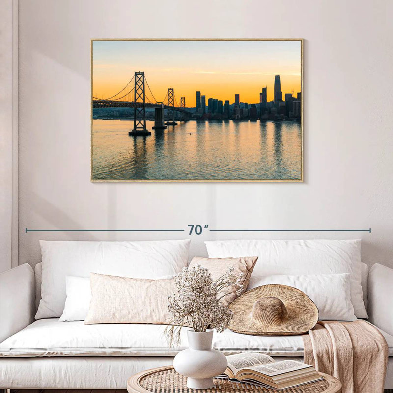 Golden Oakland Bay Bridge, Floating Frame Natural Wood, 43" X 29"