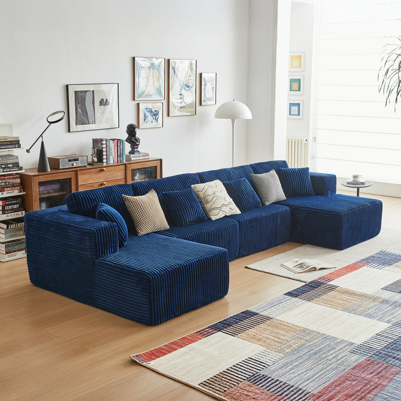 Flannel U Shaped Sectional Sofa Couch, Blue Fabric