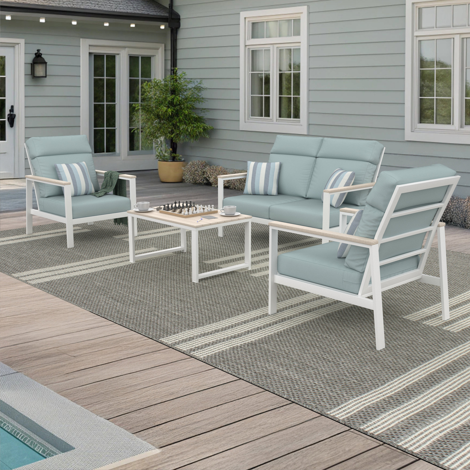 Hofman 4 Person Seating Group With Sunbrella Cushions, Bliss Dew, Beige