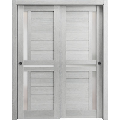 Portes coulissantes de placard avec verre dépoli Veregio 7288 Chêne gris pâle, rails robustes, moulures, garnitures, quincaillerie, ensemble de quincaillerie, portes de placard de chambre en bois massif - 56 po x 84 po (2 x 28 x 84 po)