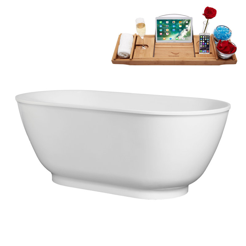 59" Streamline Soaking Freestanding Tub and Tray With Internal Drain, Polished Brass