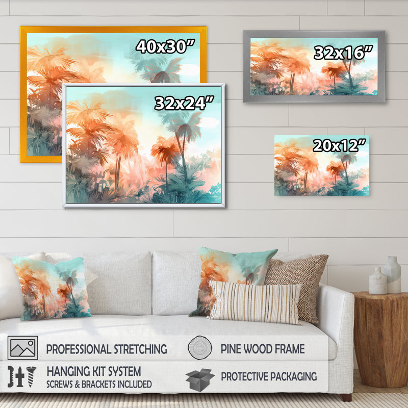 " Majestic Tropical Palm Trees II ", 12" H x 20" W x 1" D, Gold Picture Framed