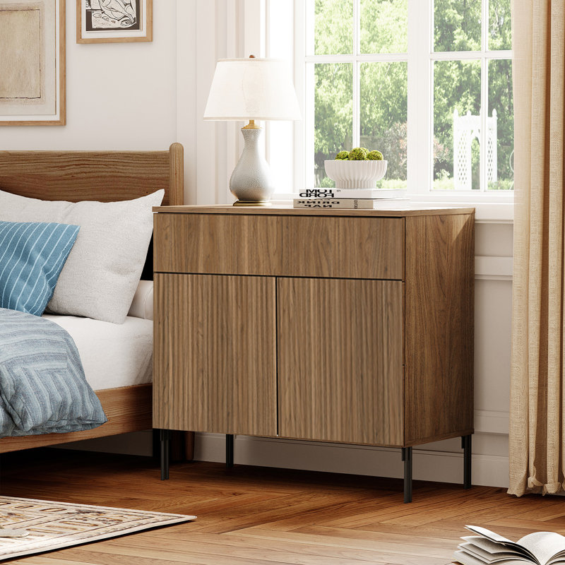Union Rustic Modern Minimalist Nightstand,31.5" Wood End Table,Reeded Design Bedside Table For Bedroom, Living Room,Entryway