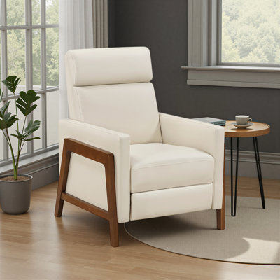 Renly 29" Mid-Century Modern Faux Leather Push Back Reclining Chair with Dark Brown Wood Frame & Metal Reinforced Seat