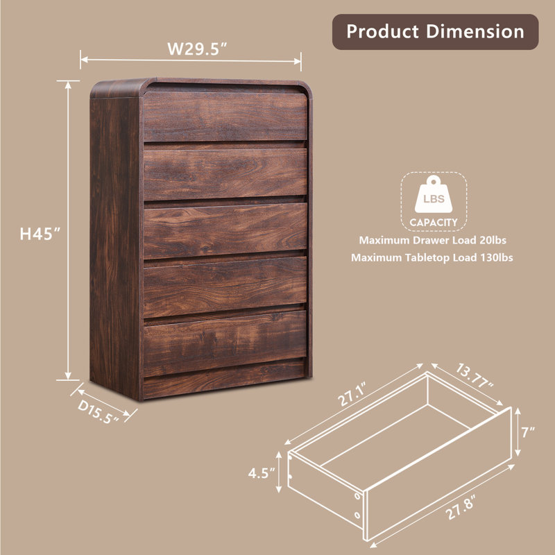 Commode à tiroirs Maud pour chambre à coucher, commodes larges en bois et commodes, 45" H x 30" W x 16" D, Brun