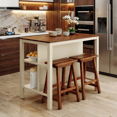 Rustic 3-piece Stationary Kitchen Island Set with Butcher Block and Seating, Walnut and Cream White
