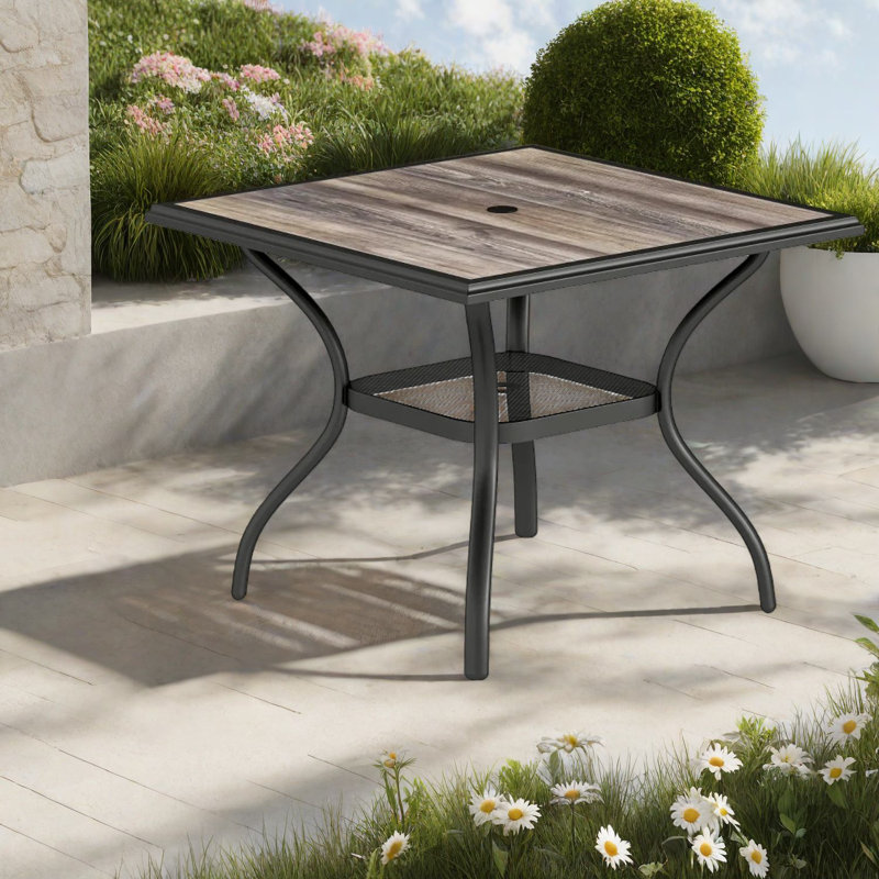 Table de patio carrée durable avec rangement, structure en acier noir, pour les repas en famille