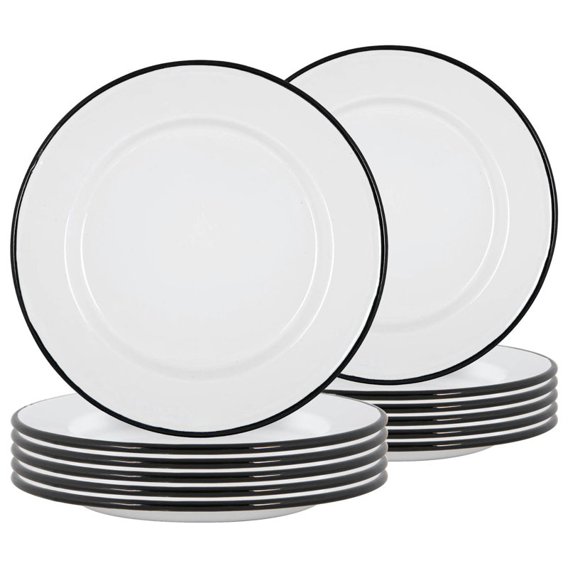 Argon Tableware - White Enamel Dinner Plates - 25.5cm - Set of 12, Black