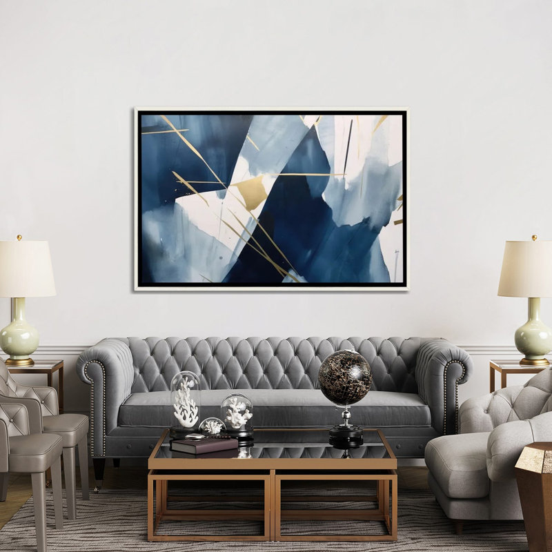 Dark Blue Abstraction III, 40" H x 60" W x 1.5" D, No Mat, Distressed White Floater Framed Canvas