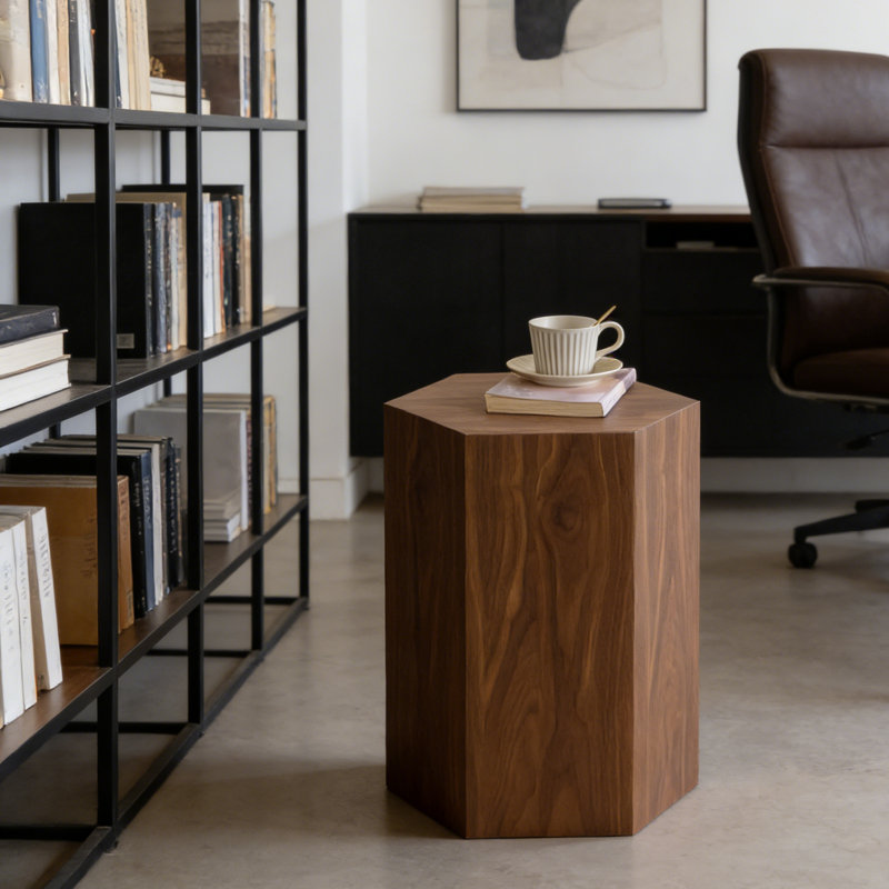 Table basse hexagonale en bois - Table d'appoint autocollante grain de bois noyer | Table de bout assemblée pour petits espaces | Salon / Chambre à coucher | Style moderne et minimaliste