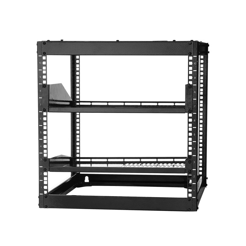 Support de service 10u à cadre ouvert, 23 po de profondeur, robuste et, fixé au mur ou au sol, tablettes ventilées pour structure de circulation d'air, refroidissement
