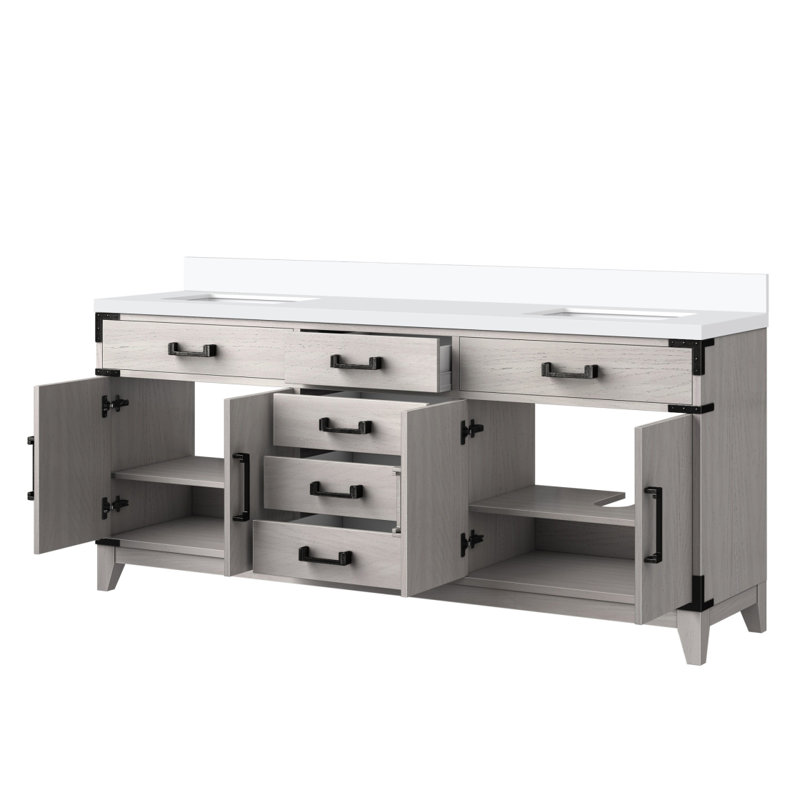 Meuble-lavabo double en chêne blanc 72 po X P 22 po D, avec plateau en marbre de culture