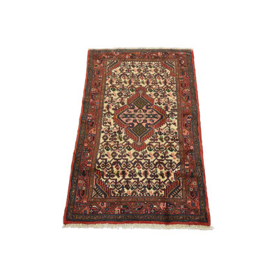Tapis rétro noué à la main en laine ivoire 2 pi 7 po x 4 pi Hamedan
