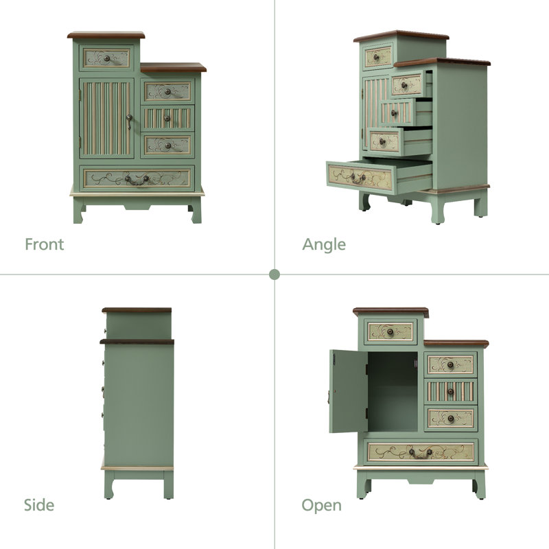 Fienley Farmhouse 1-Door Carved Wood Accent Chest With 5-Drawers, Sage Green Cabinet,Rustic Brown Top
