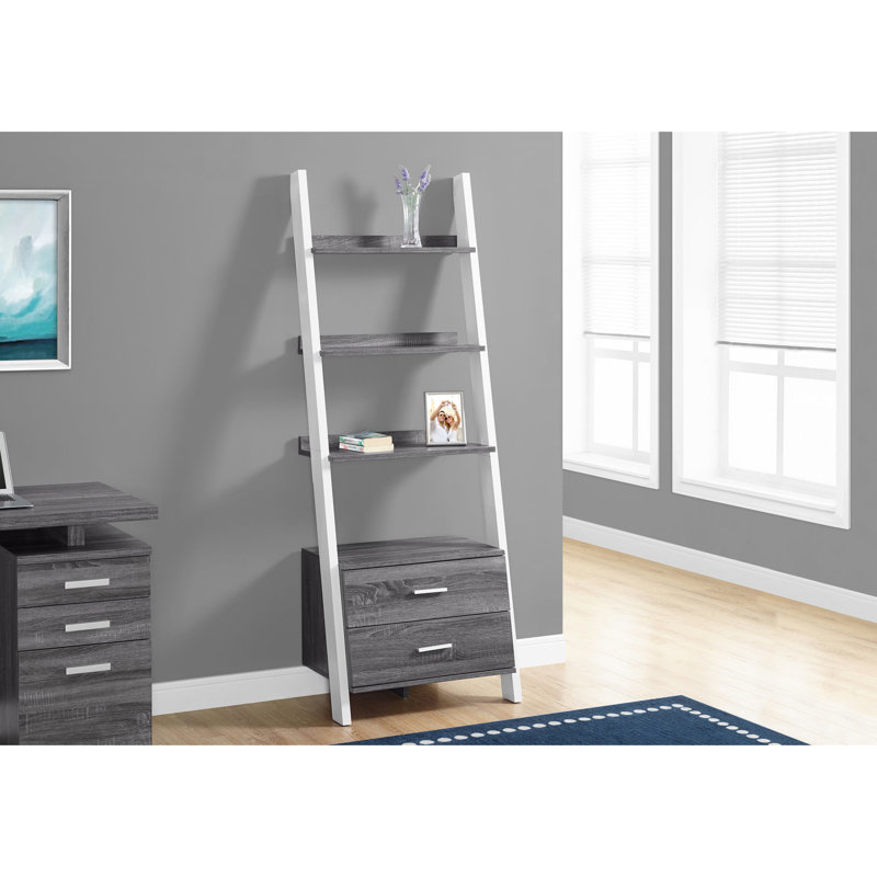 Bibliothèque à 4 niveaux, H 69 po, stratifié gris et blanc, contemporain pour bibliothèque de bureau et de chambre à coucher 4, blanc, terrasse