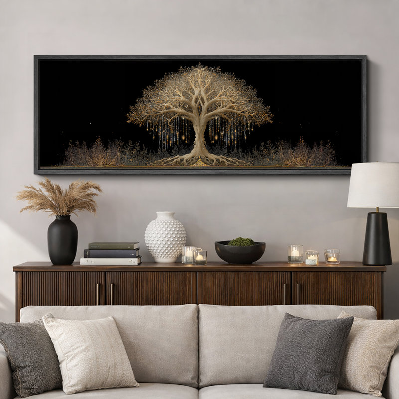 Arbre doré de la vie sur fond noir - reproduction d'art sur toile encadrée, H 20 po x l 60 po, Cadre flottant noir