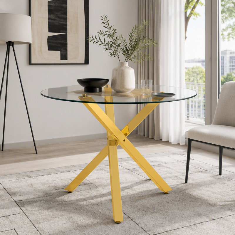 Table de salle à manger ronde en verre avec cadre doré en forme de X, Or + transparent