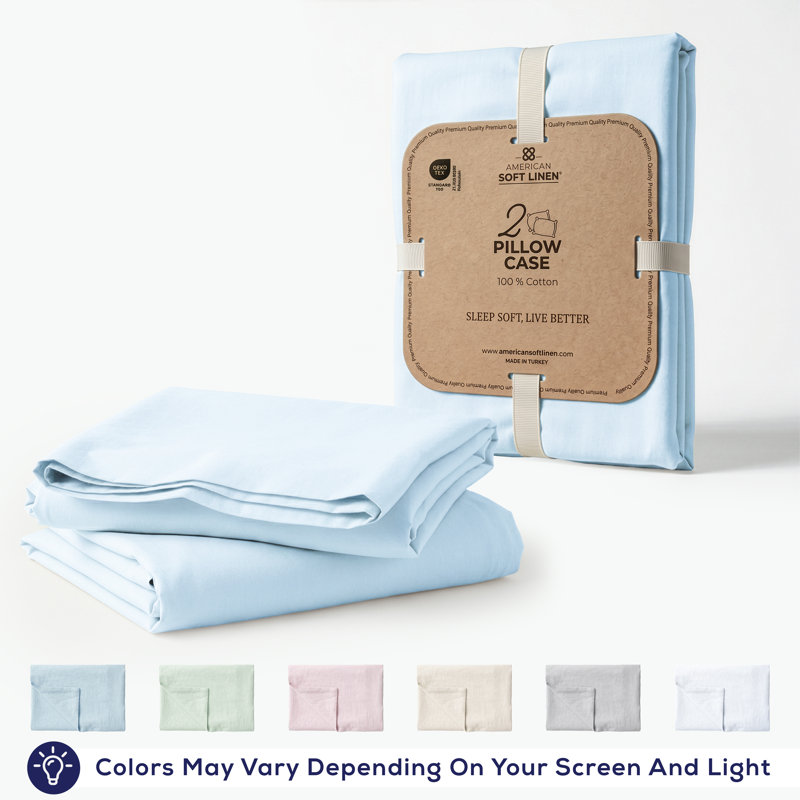 American Soft Linen 100% Cotton Percale Pillowcase Set (Set of 2) - Soft, Breathable, Hotel Quality Pillow Covers, Ice Blue