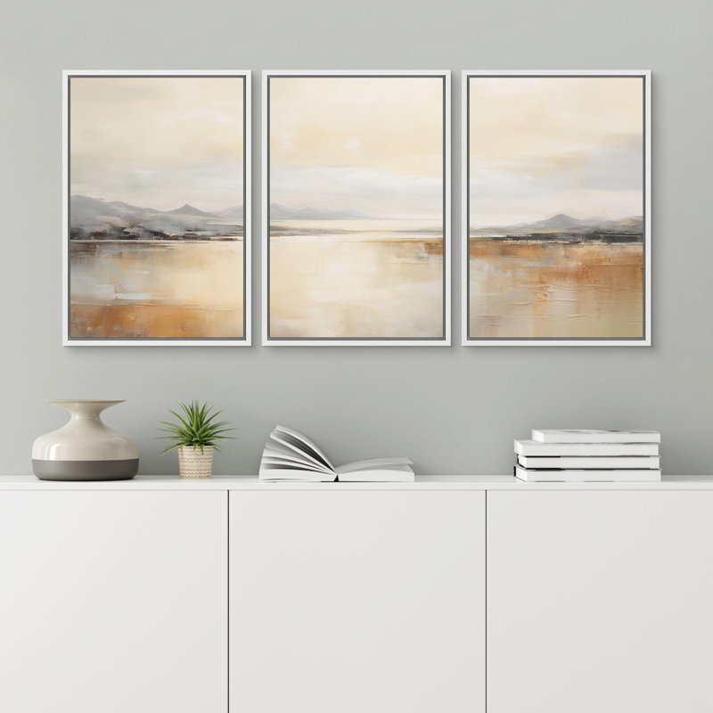 Minimal Landscape Golden Serenity Peaceful Landscape Illustration 3 - Pièces sur, Cadre flottant blanc, H 24 po x l 48 po