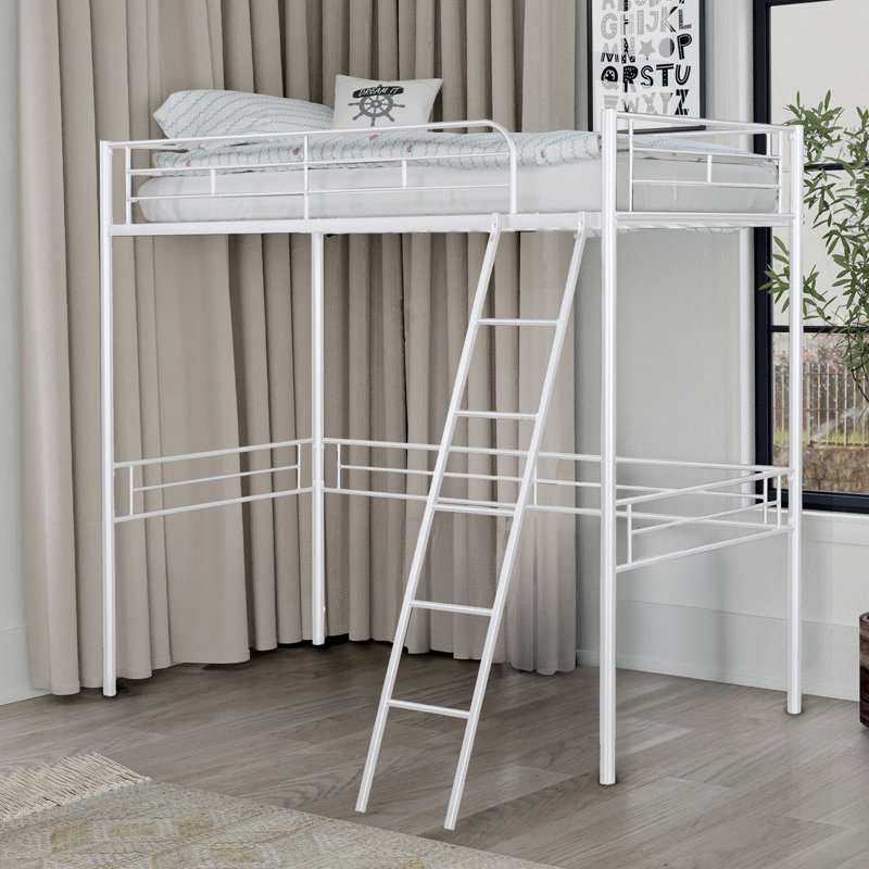 Lit mezzanine en métal de style contemporain avec échelle, Blanc