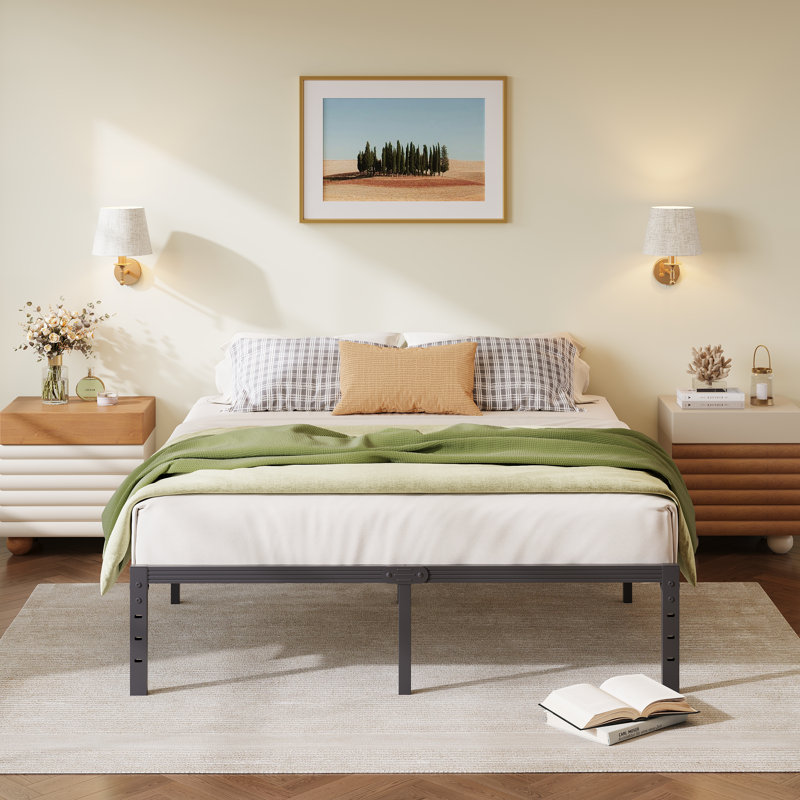 Heavy Duty 14 Inch Metal Bed Frame Queen Bed Frame with Headboard & Footboard Brackets and Steel Slats No Box Spring Needed Anti-Slip Design  