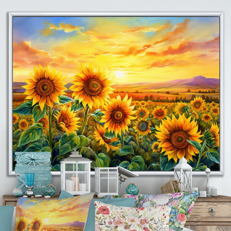 Sunflowers Burning Sunset - Tournesols, reproductions encadrées, Cadre flottant blanc, H 24 po x l 32 po x P 1 po