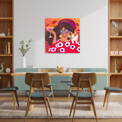 Modern Autumn Portrait Woman With Cat Colorful Contemporary Cat Portrait Summer Wall Art Print