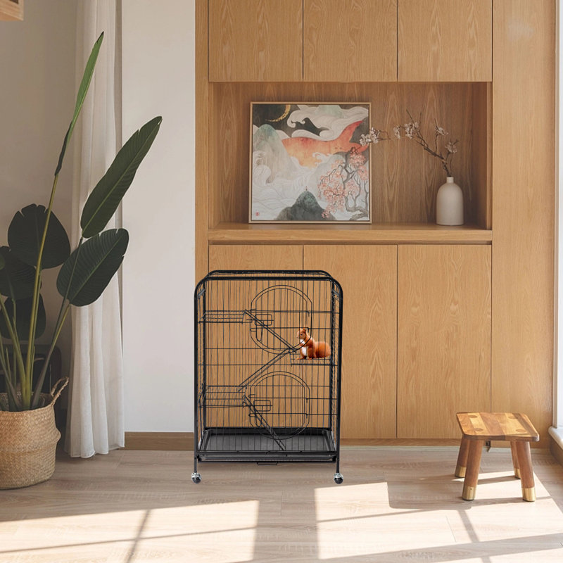 Cage à cage noire en métal pour animaux avec roulettes
