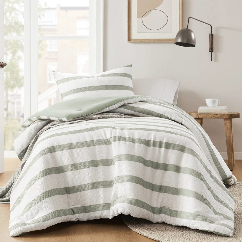 Édredon 2 pièces pour lit simple / simple TG à rayures et taie décorative avec teinture, utilisation toutes saisons, standard 100, conception d'inspiration côtière contemporaine teintée, texture froissée douce, rembourrage léger, sauge