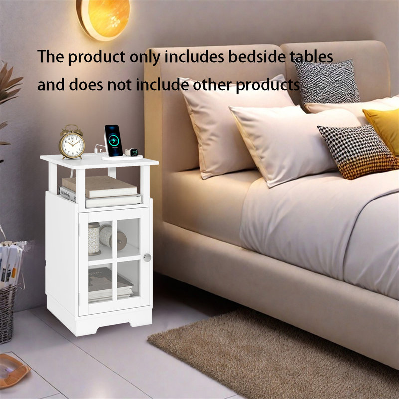 Multi-Functional Bedside Table With Charging Station & Storage, White
