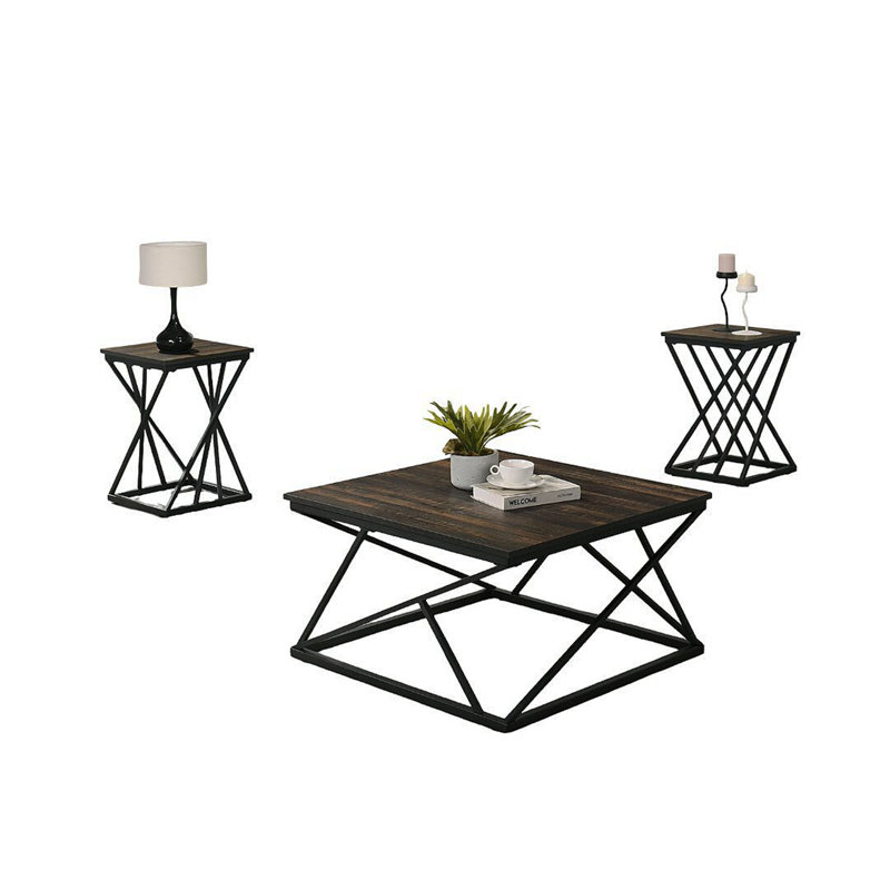 Ensemble de table rustique 3 pièces Table basse 1X Table de bout 2X, Marron foncé