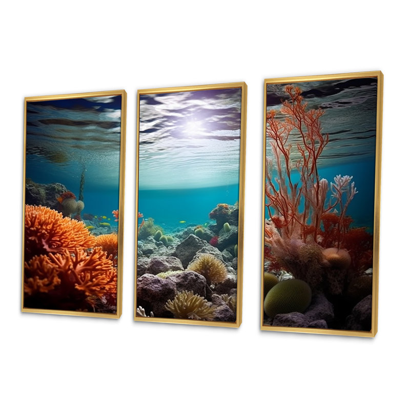 Ensemble de décorations murales corail sous l'eau, Cadre flottant doré, H 40 po x l 60 po x P 1 po