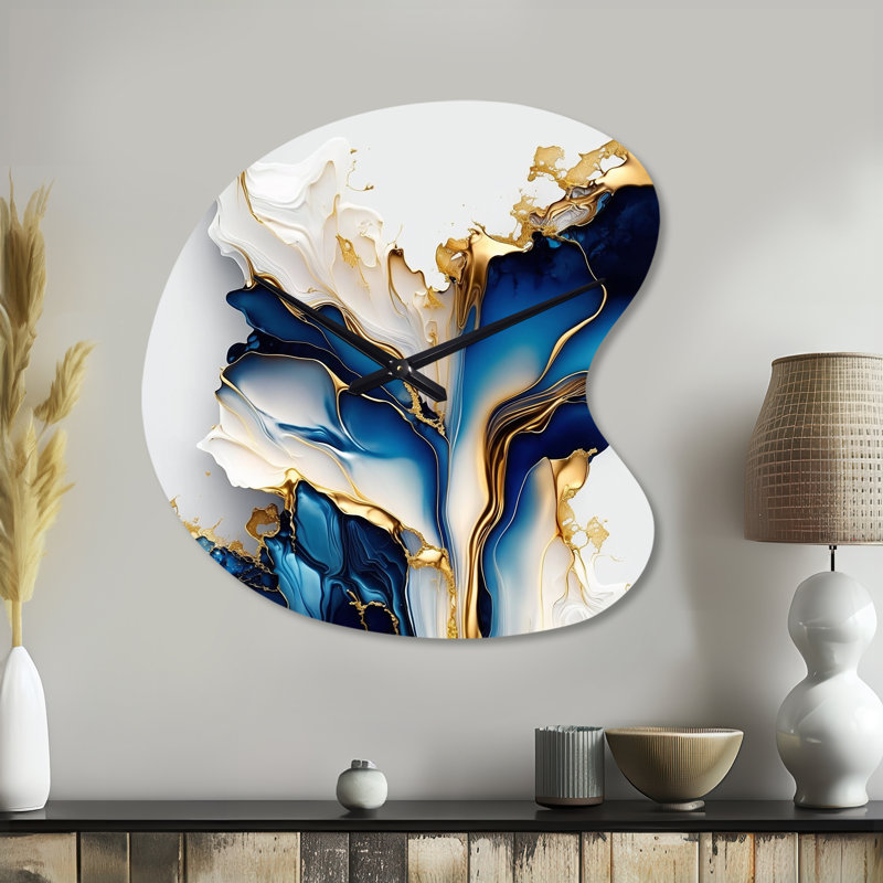 Abstract Geode Gold And Blue Marble Shape III - Drop Shape Unique Abstract Marble Wall Clock, Small
