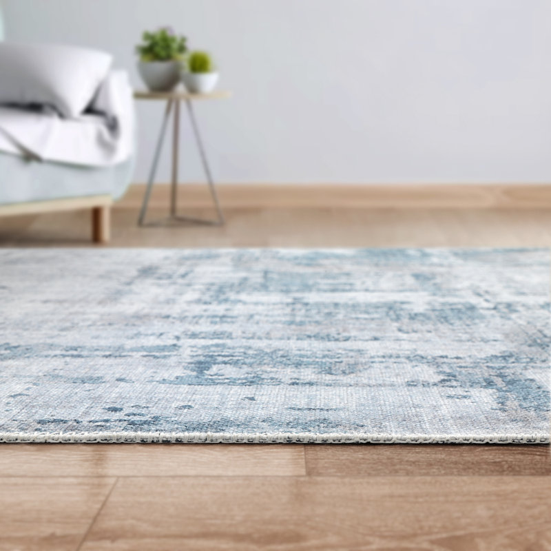 Tapis gris / bleu en chenille tissé à la machine Xadiel, Rectangle 6 pi 6 po x 9 pi 6 po