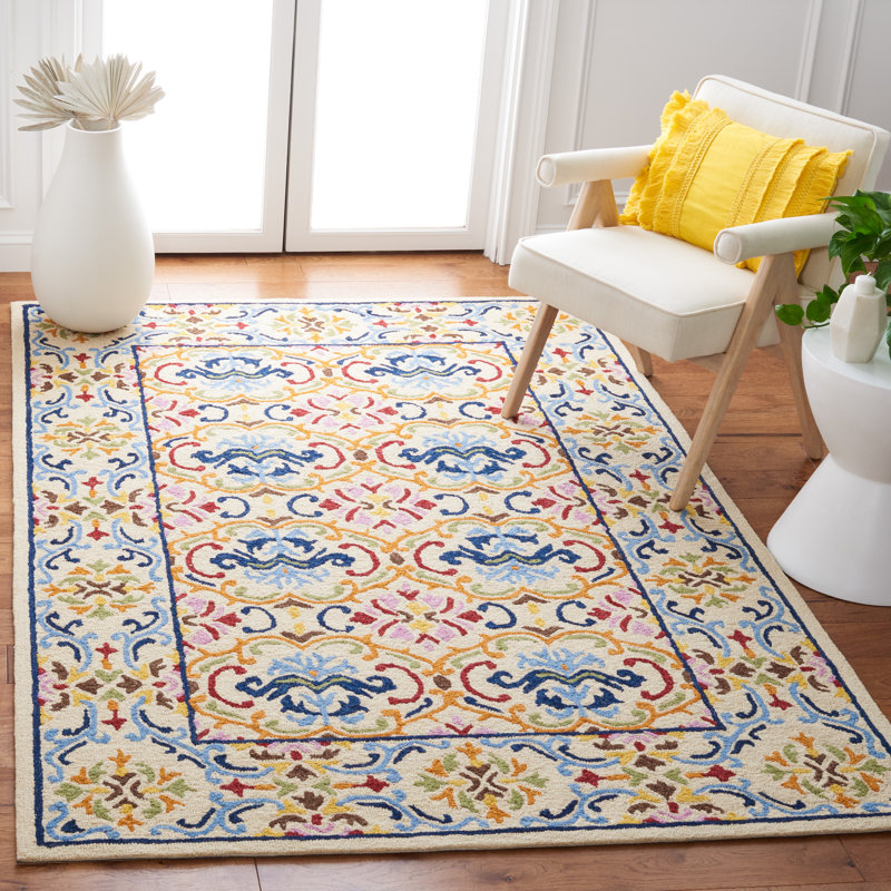 Maxcine Hand Tufted Wool/Cotton Damask Rug in Blue/Yellow/Pink, Rectangle 5' x 8'