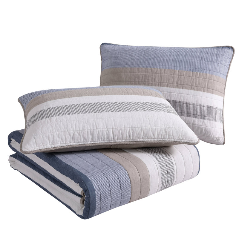 Nautical Blue and Beige Cotton King Quilt Set